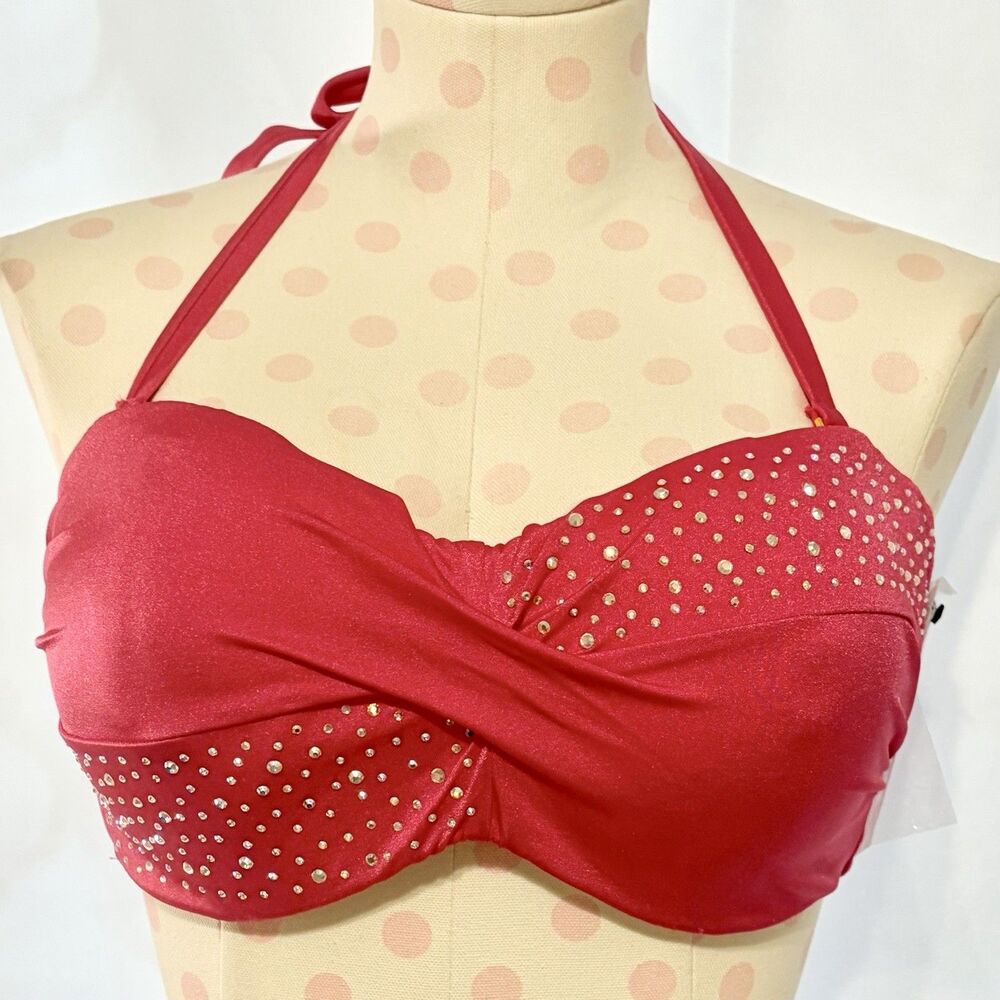 Victoria's Secret Bright Pink Bandeau Jeweled Bikini Swim Top W/Strap - 38D -NWT